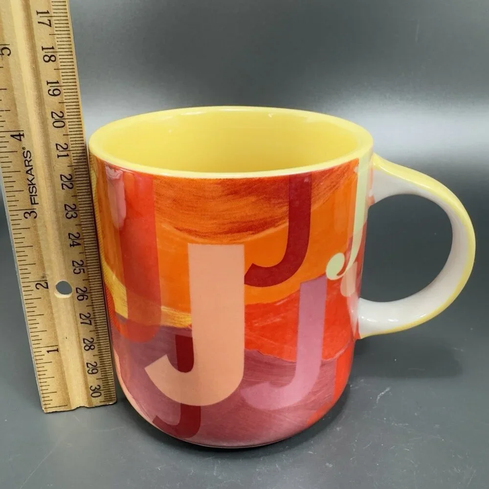 Anthropologie Monogram Lottie Mug Orange‎ Red Yellow Pink Letter Initial J Mug